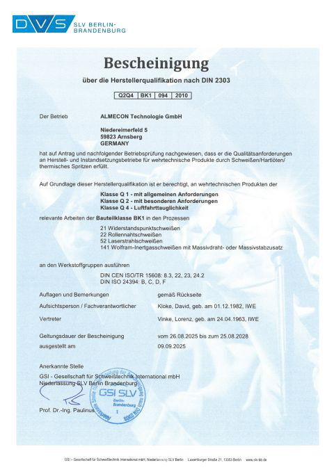 DVS SLV Herstellerspezifikation nach DIN 2303 