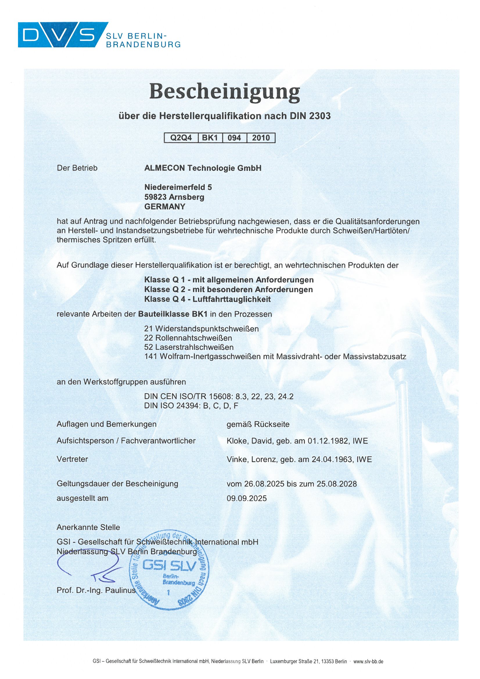 Bescheinigung DIN 2303